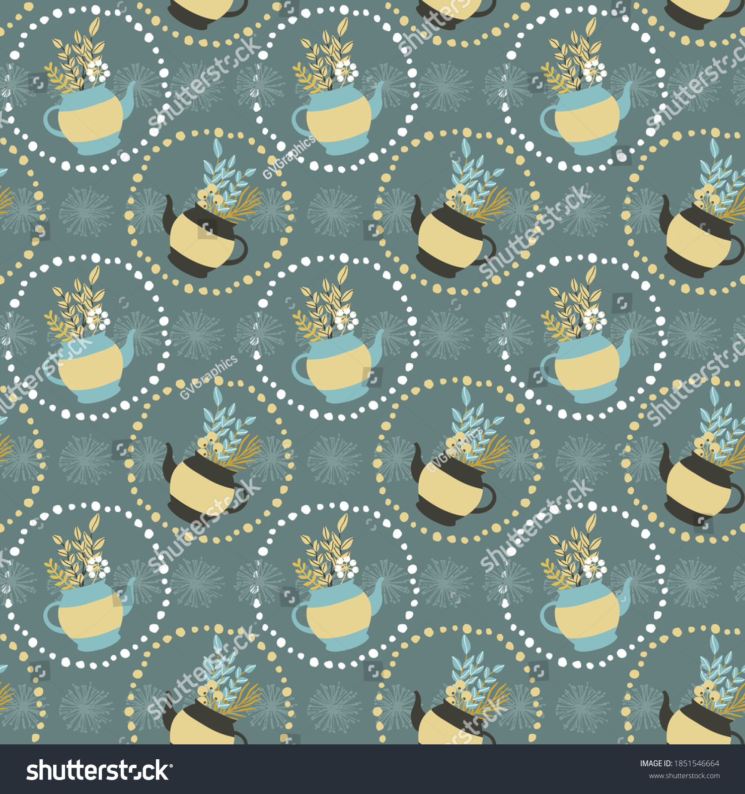 Colorful Tea pots with berries, branches and decorations, vector seamless pattern #1851546664