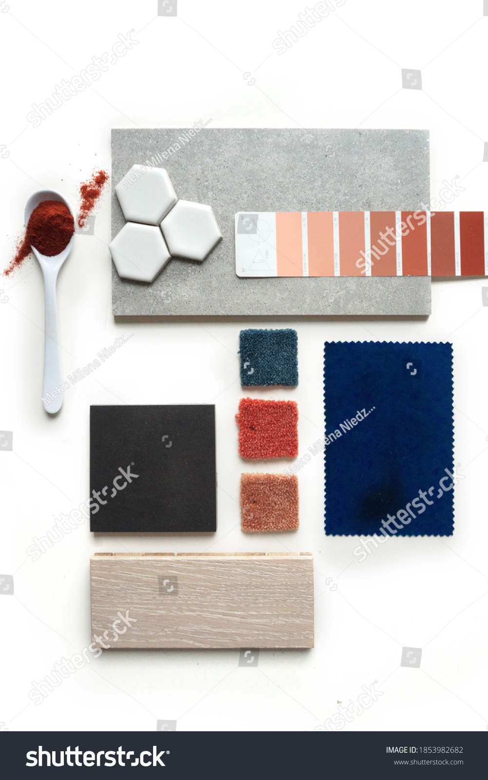 Top view moodboard. Material samples. Blue, red, orange, black, light wood.A spoonful of red color           #1853982682