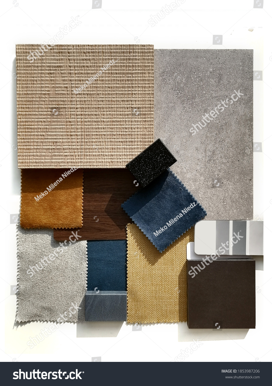 Moodboard. Material samples. Blue, orange, grey, light wood. #1853987206