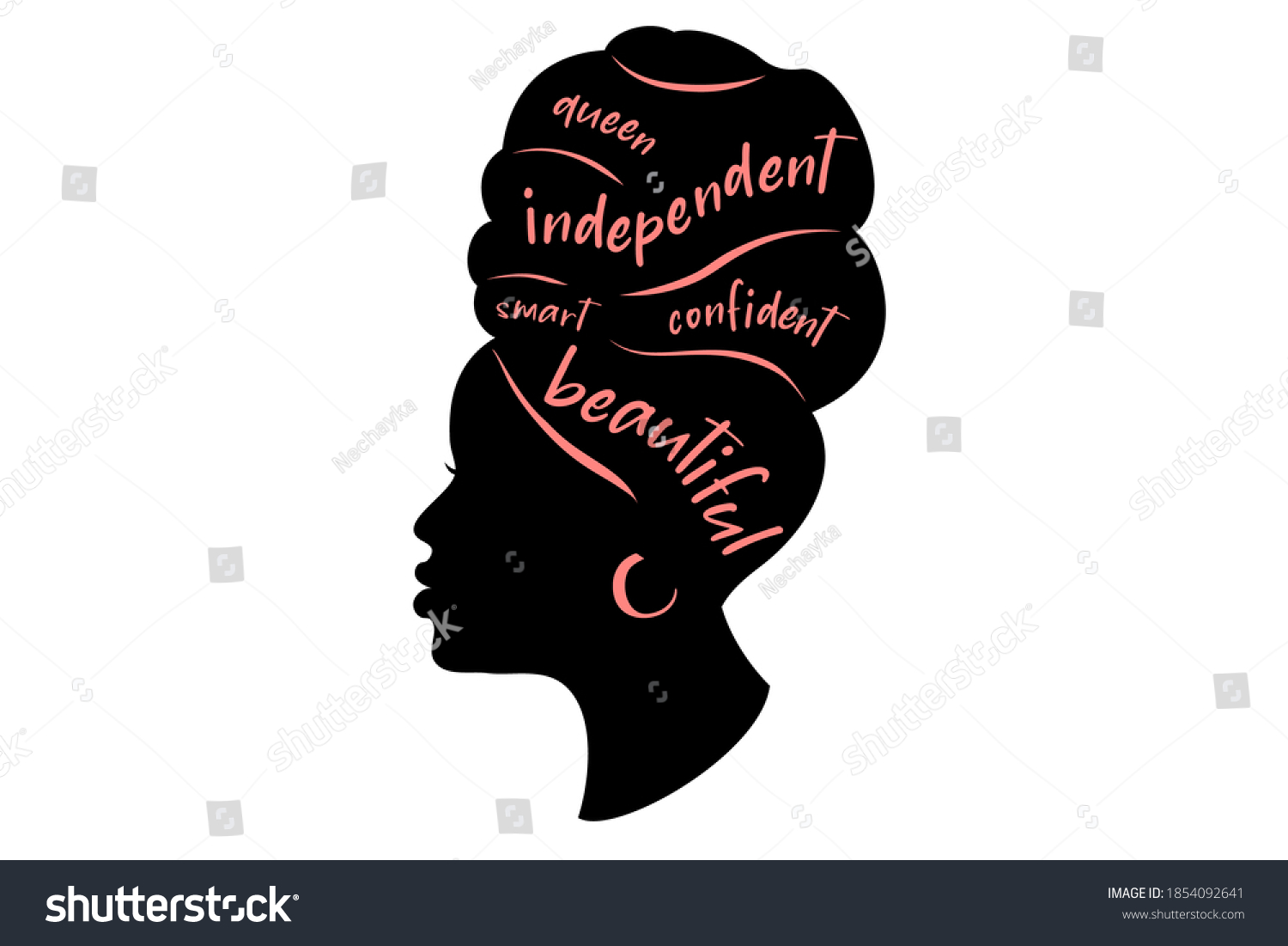 Black woman Silhouette. African American girl  in a head wrap and with an earring.  Beautiful girl profile. Decorated with hand written text.  Vector clipart isolated on white.  #1854092641
