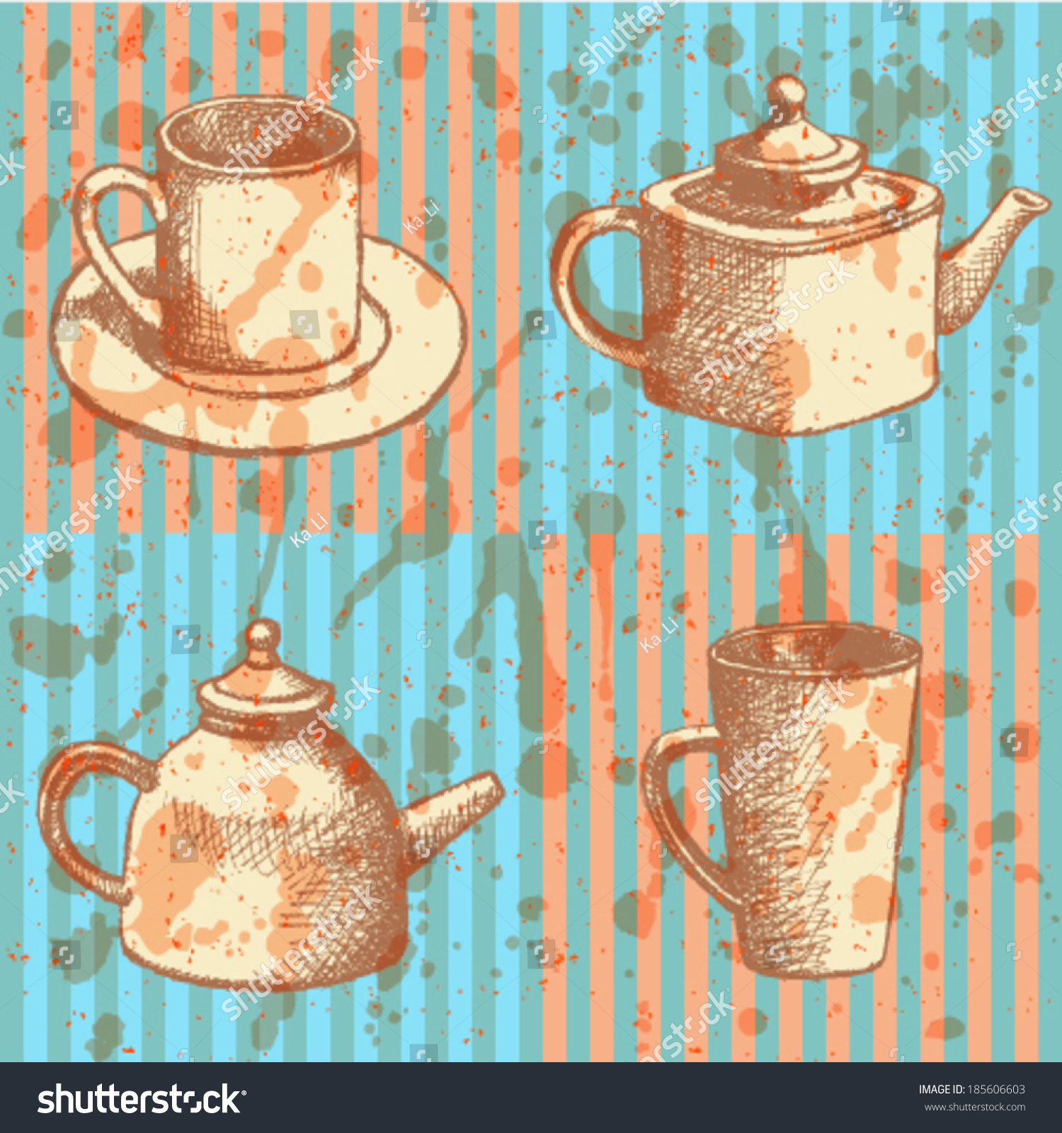 Teapots and cups, vector sketch set  #185606603