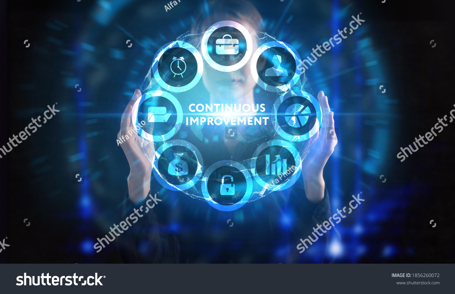 Business, technology, internet and network concept. Young businessman thinks over the steps for successful growth: Continuous improvement #1856260072