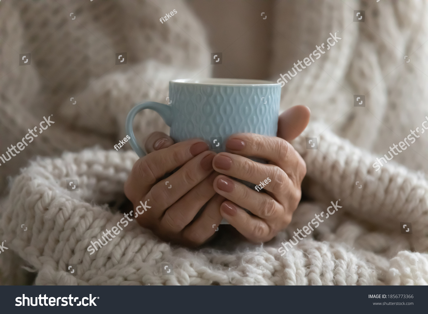Close up mature woman wrapped warm blanket holding mug of coffee or tea, middle aged female enjoying free time, weekend at home, relaxing, drinking hot beverage in morning, starting new day #1856773366