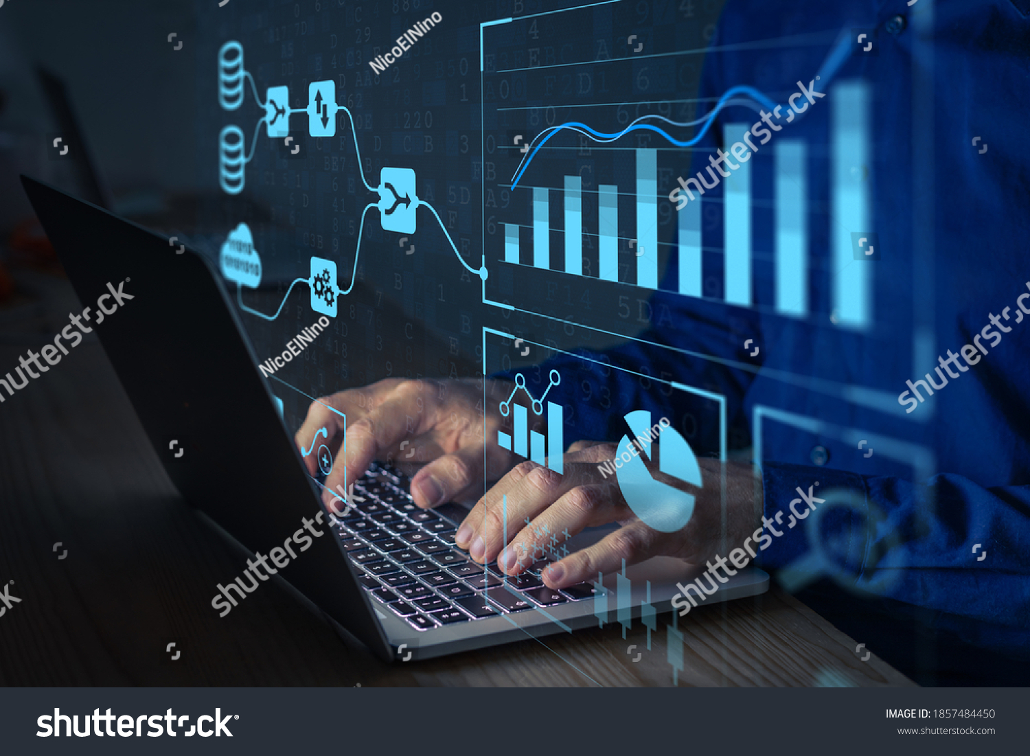 Analyst working with Business Analytics and Data Management System on computer to make report with KPI and metrics connected to database. Corporate strategy for finance, operations, sales, marketing #1857484450