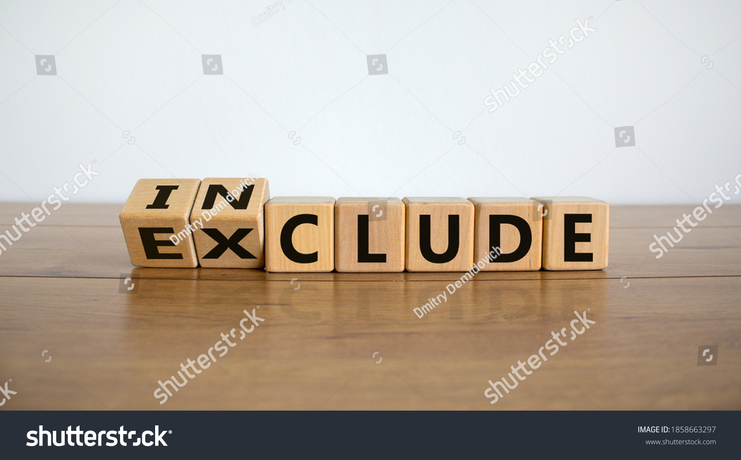 Symbol for a better inclusion. Inverted cube and changed word exclude to include. Beautiful wooden table, white background. Copy space. #1858663297