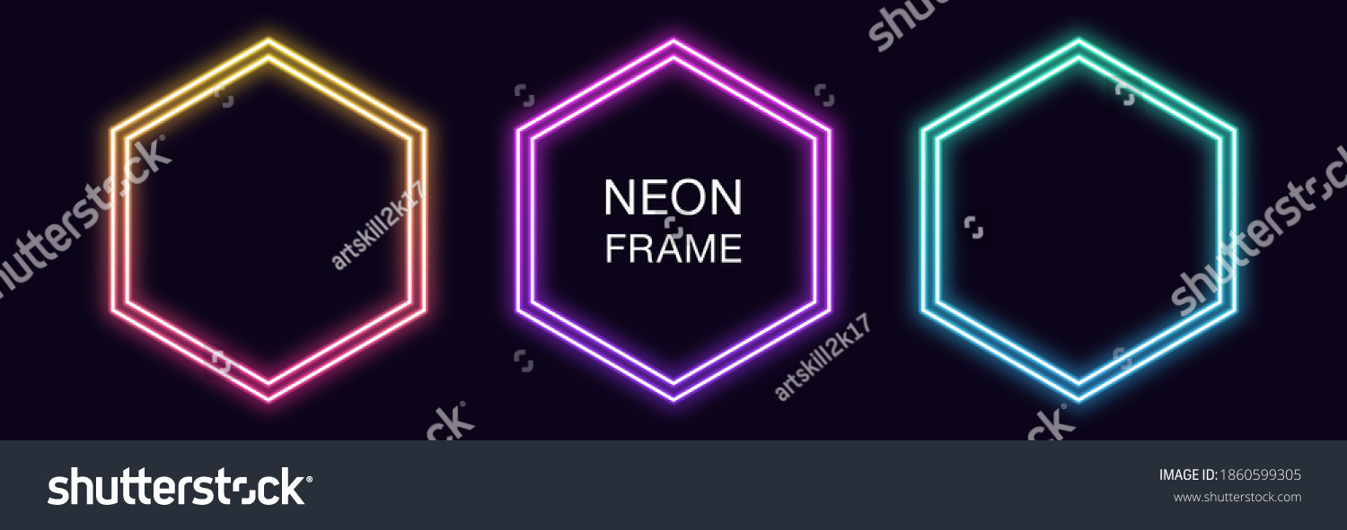 Gradient neon hexagon Frame. Vector set of hexagonal neon Border with double outline. Geometric shape with copy space, futuristic graphic element for social media stories. Rainbow, iridescent color #1860599305