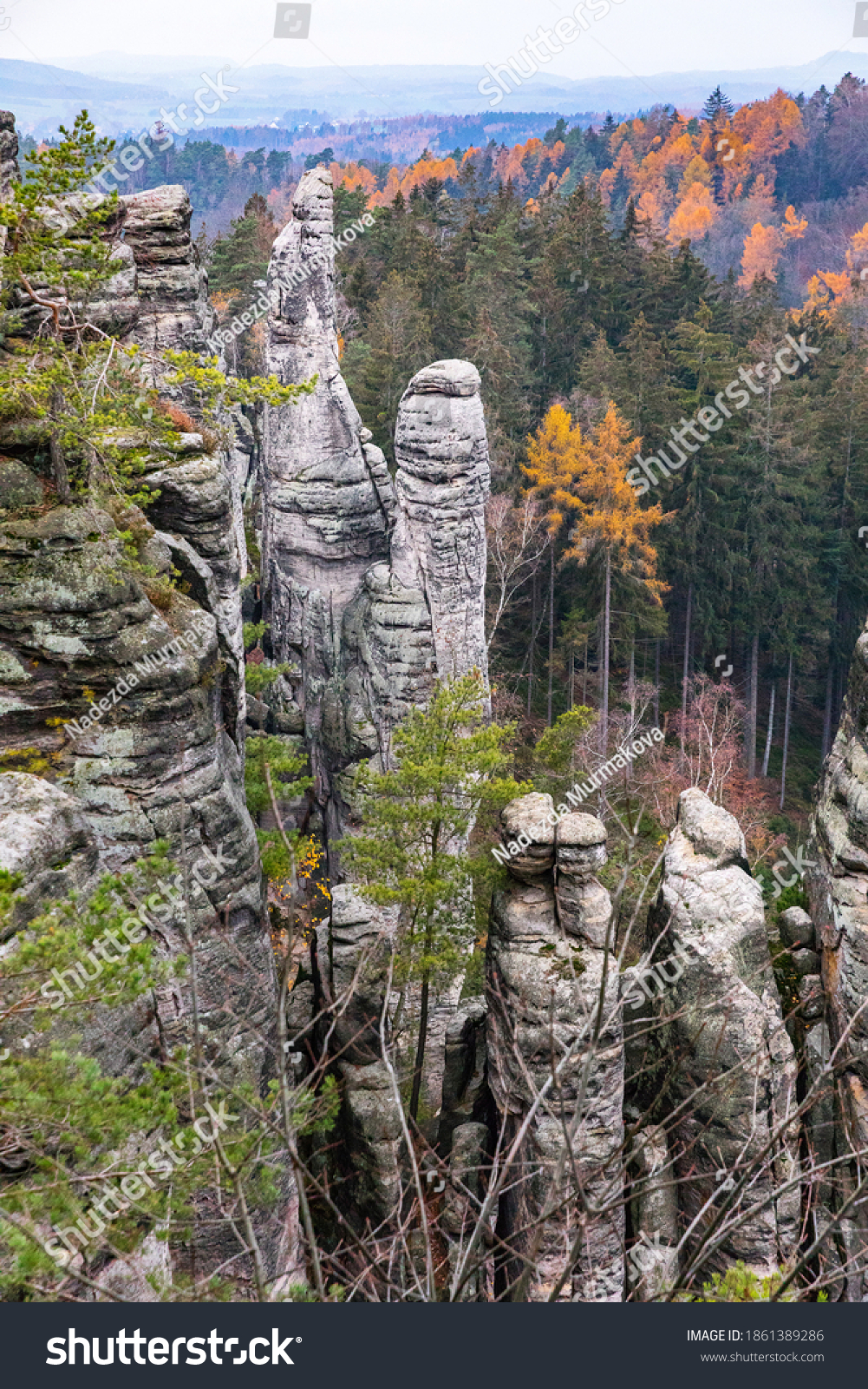 Dominant of the Prachov rocks - Jehla and Capka (Needle and Cap) in beautiful autumn colors. Autumn view of Prachov Rocks - Czech Paradise. Czech republic #1861389286