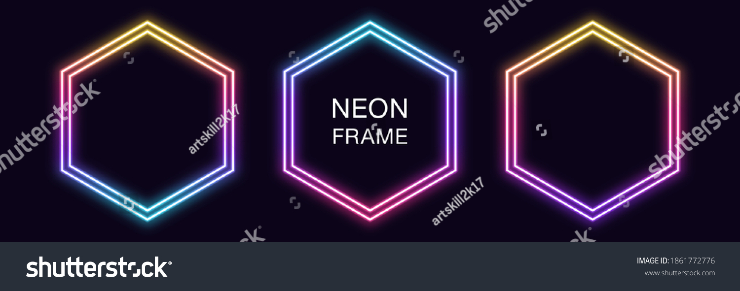 Gradient neon hexagon Frame. Vector set of hexagonal neon Border with double outline. Geometric shape with copy space, futuristic graphic element for social media stories. Rainbow, iridescent color #1861772776