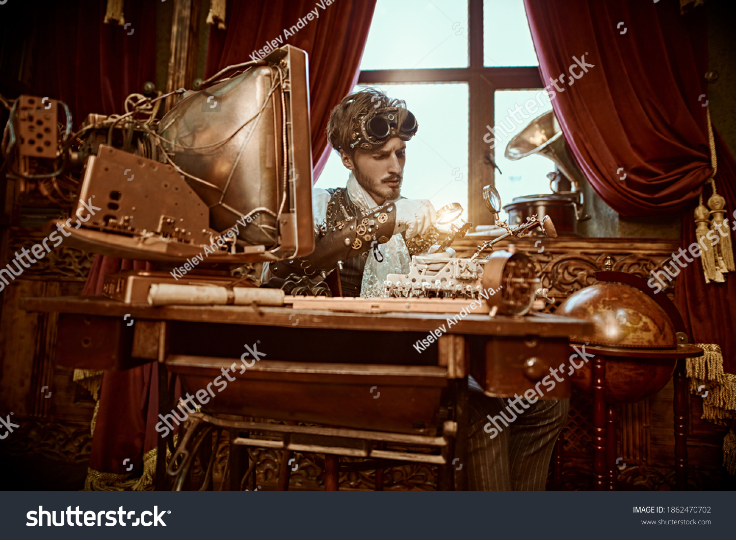 Steampunk world. Intelligent steampunk man scientist inventing something in his laboratory. Victorian interior.  #1862470702