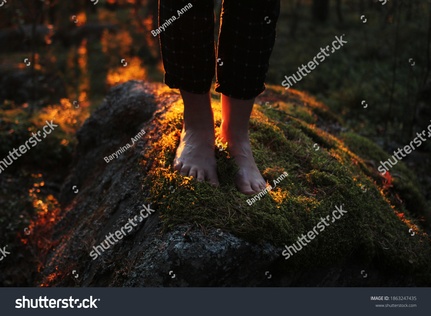 Eco-friendly lifestyle, being in touch with nature. Women's bare feet stand on a stone covered with moss. Sunny forest #1863247435