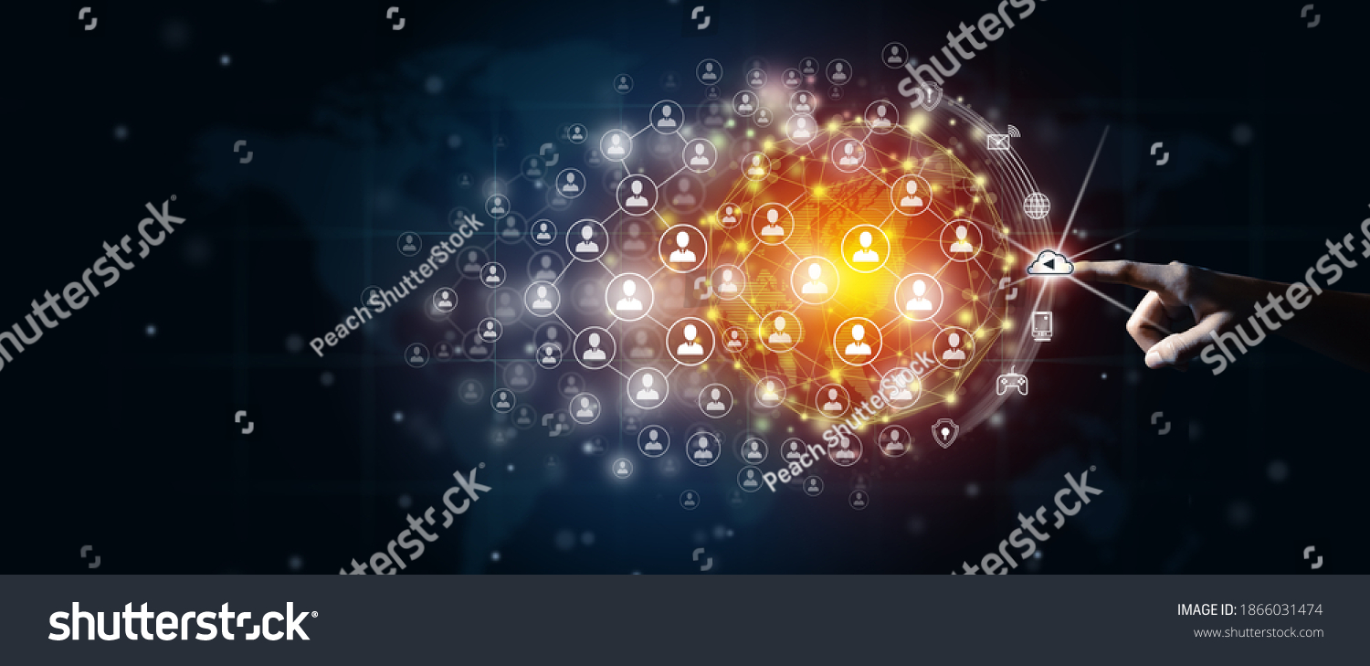 New global business connection concept. Businessman leading the global connection with connecting people orbit around the world. World map and connecting people background. World map illustration. #1866031474