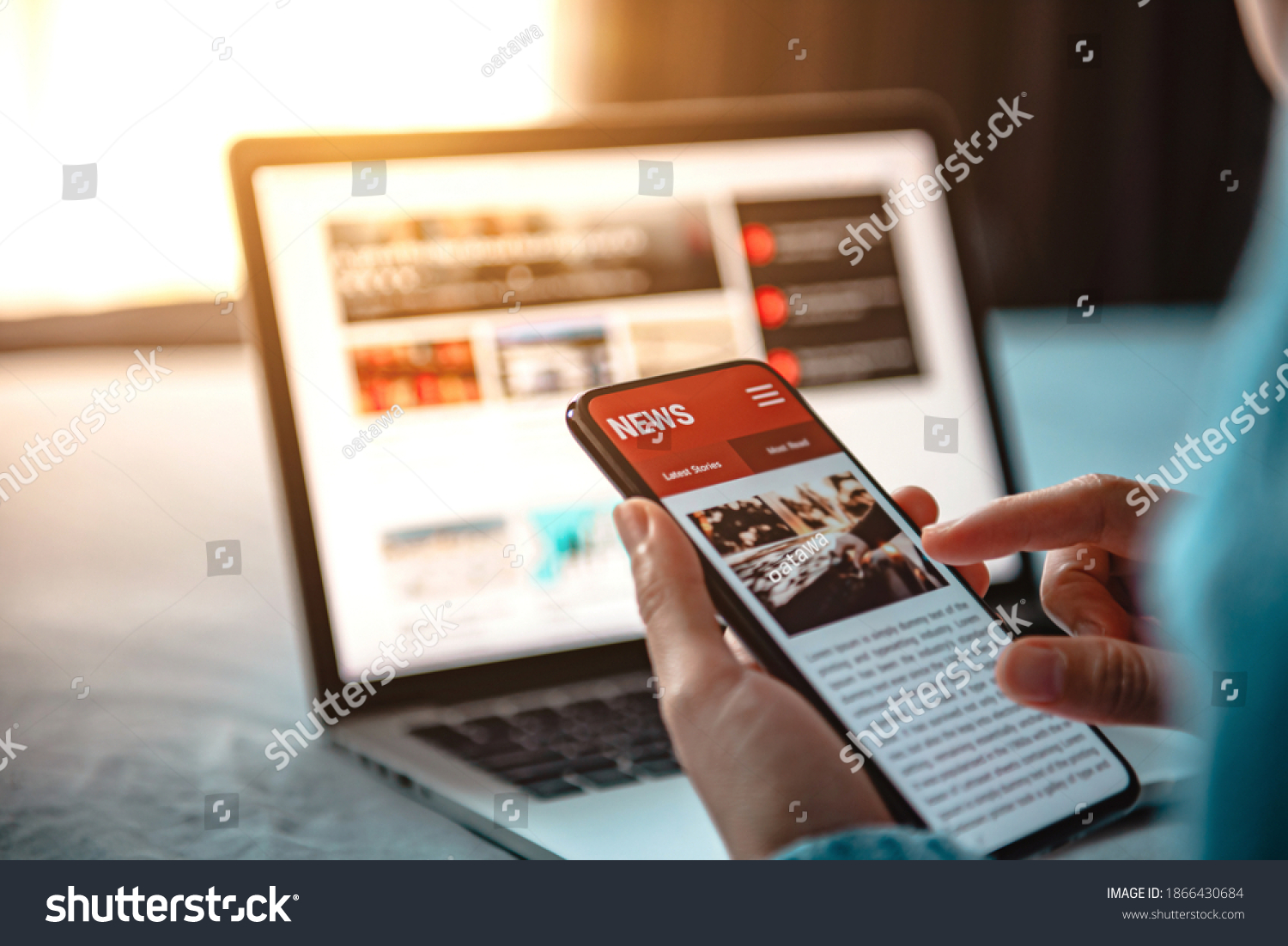 Online news on a smartphone. Mockup website. Woman reading news or articles in a mobile phone screen application at home. Newspaper and portal on internet. #1866430684