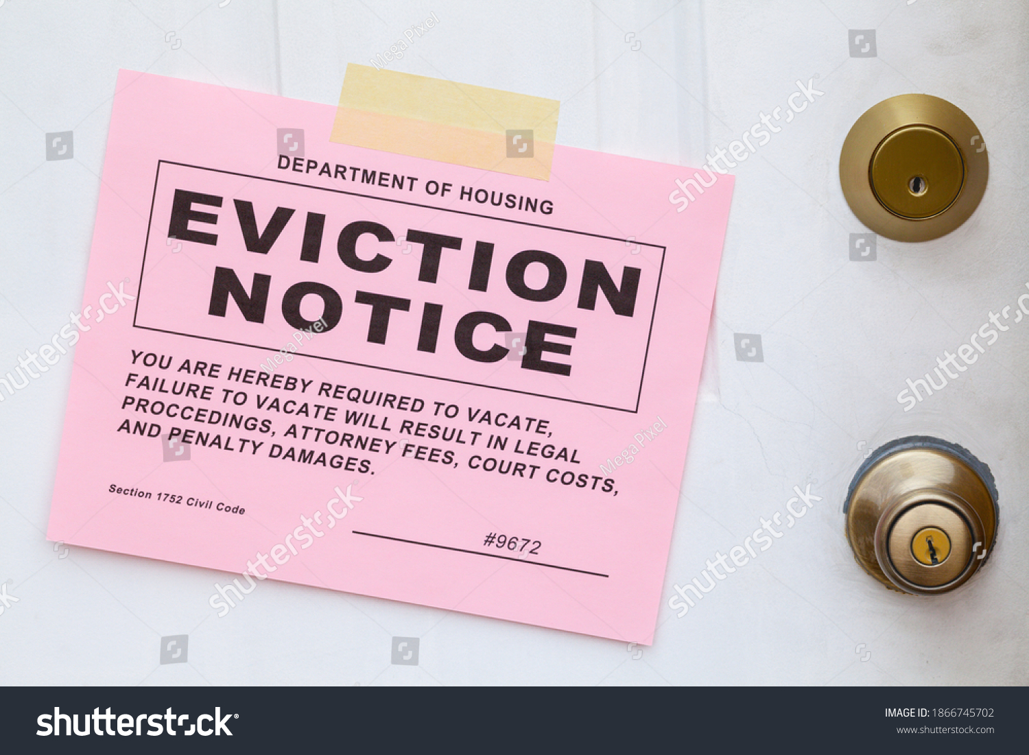 Pink Eviction Notice Taped on Front Door. #1866745702
