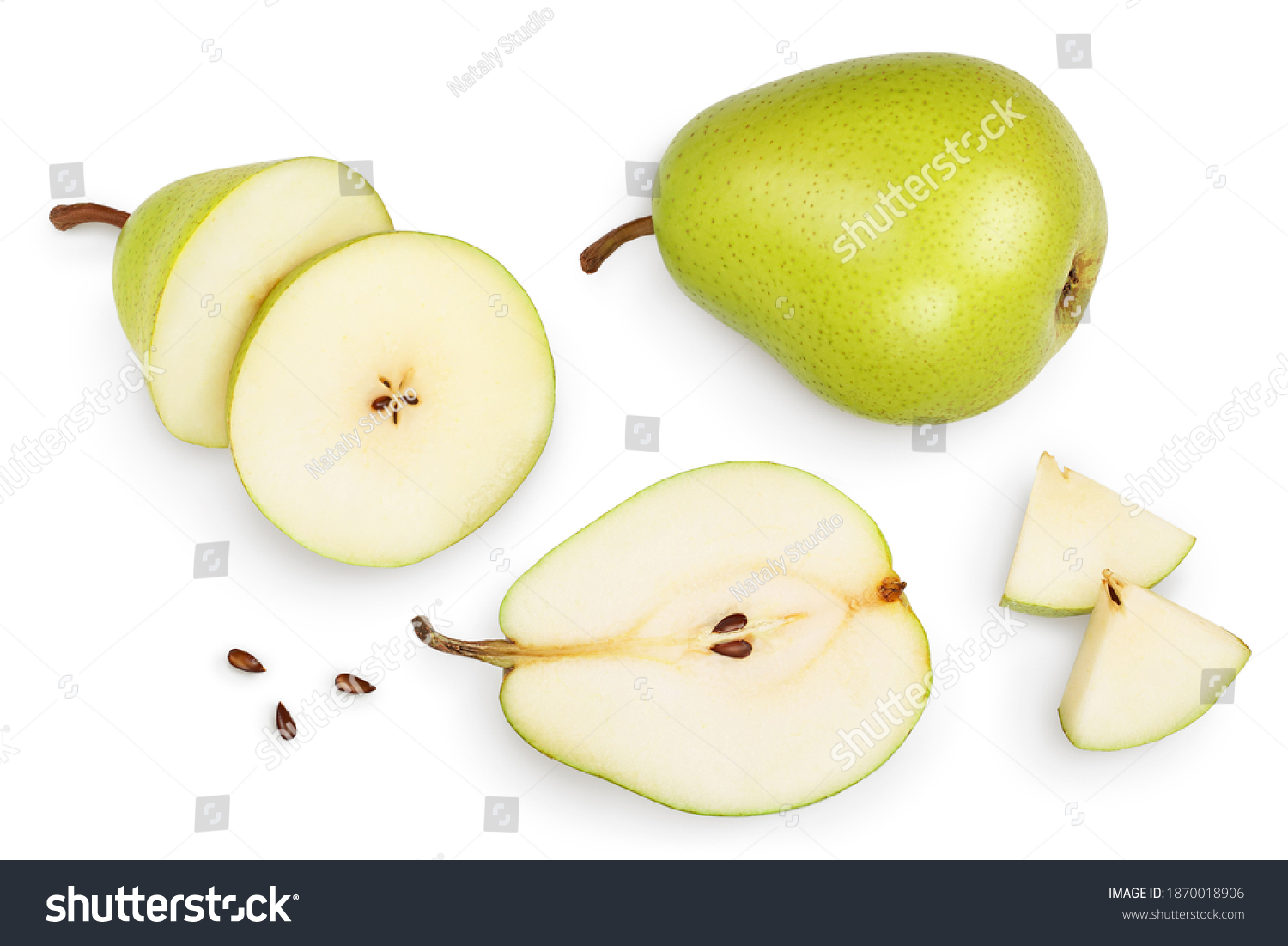 Green pear fruit with half and slices isolated on white background with clipping path. Top view. Flat lay #1870018906