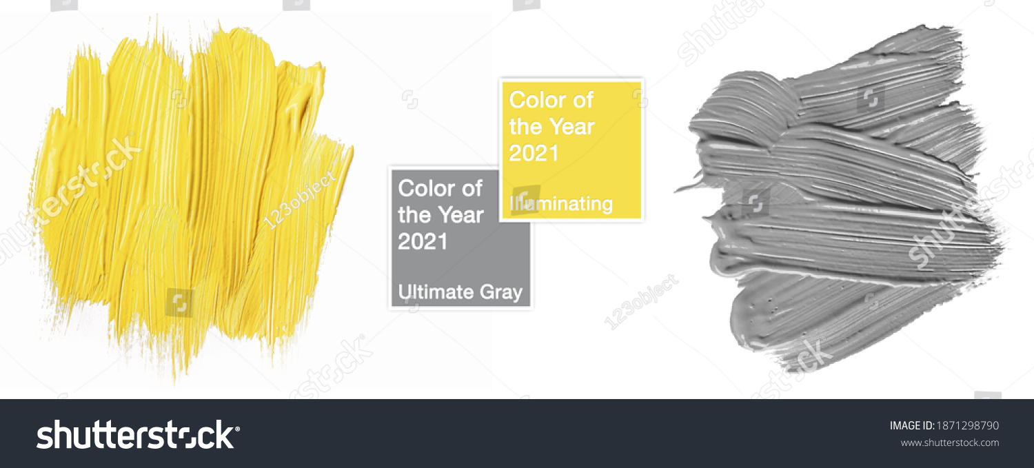 Colors of the year 2021 Illuminating yellow and ultimate gray. Sample of paint smear texture with geometric frame isolated on white background. trendy beauty, fashion, makeup design concept #1871298790