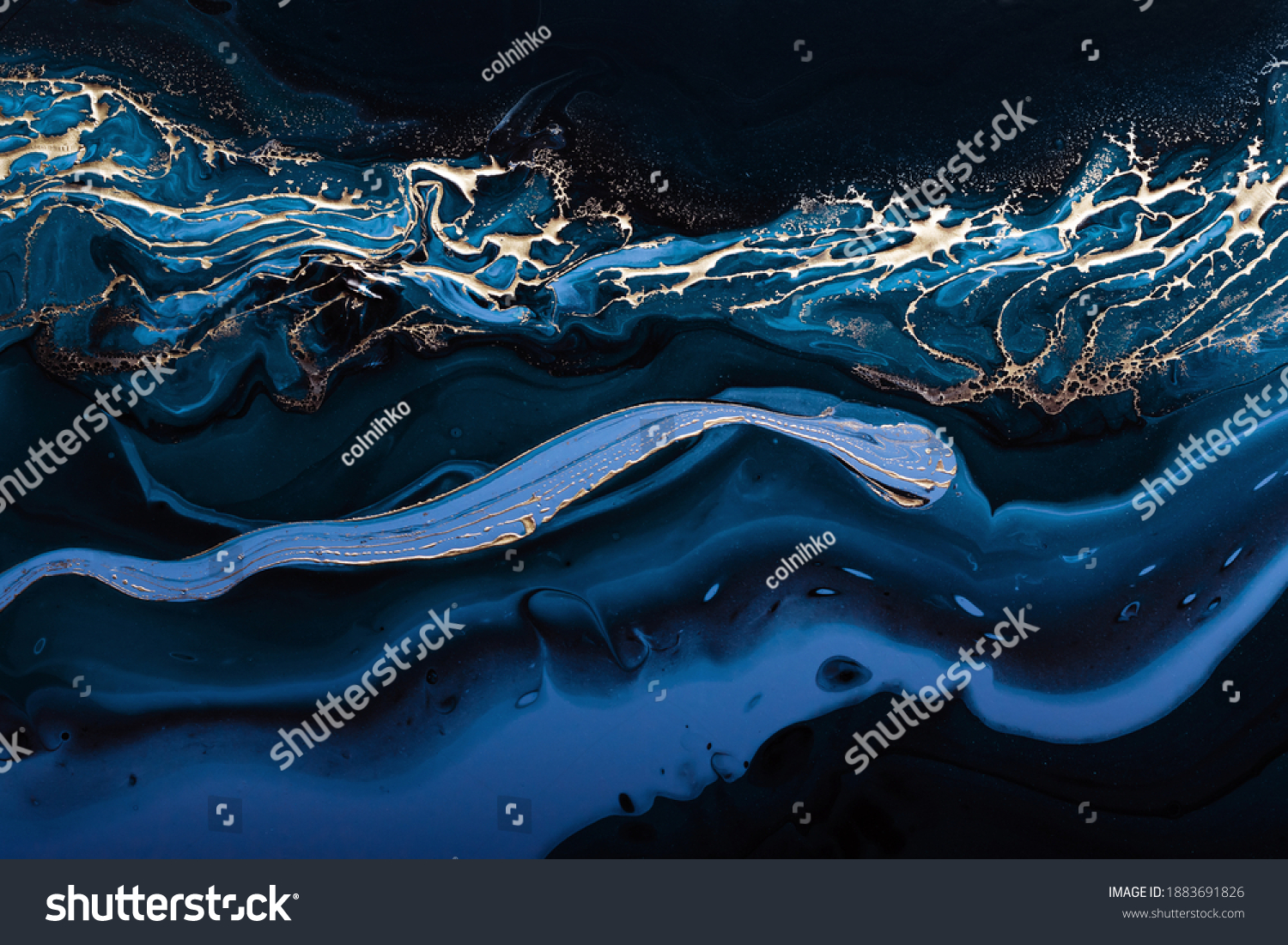 Fluid Art. Liquid Metallic Gold in abstract blue wave. Marble effect background or texture. #1883691826