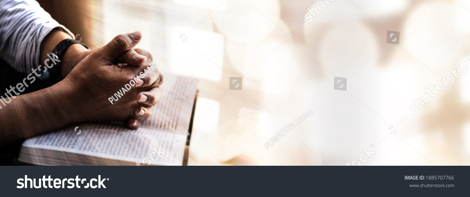 Man hands pray on bible. Concept of hope, faith, christianity, religion, church online. #1885707766
