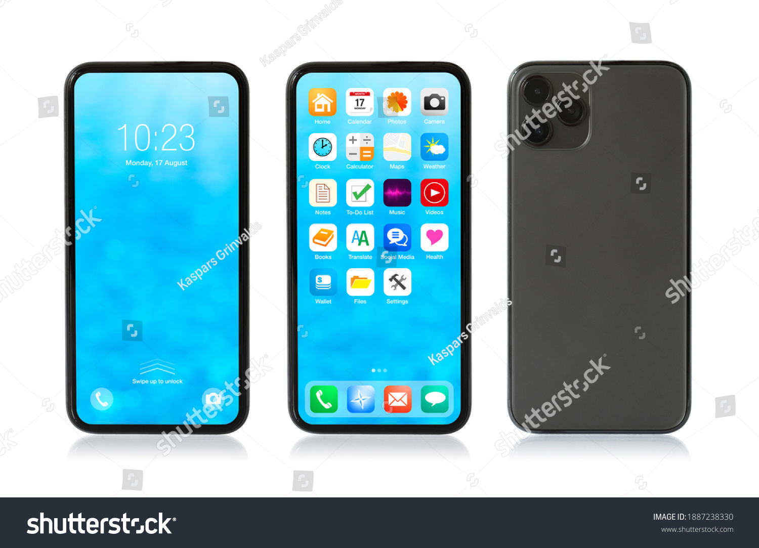 Mockup photo of isolated mobile phone showing locked and home screens, and back side view. #1887238330