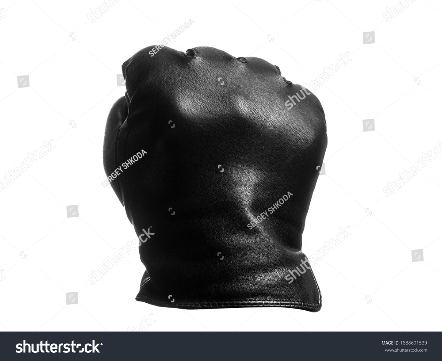 black leather glove shows clenched fist up out gesture. isolated white background. #1888691539
