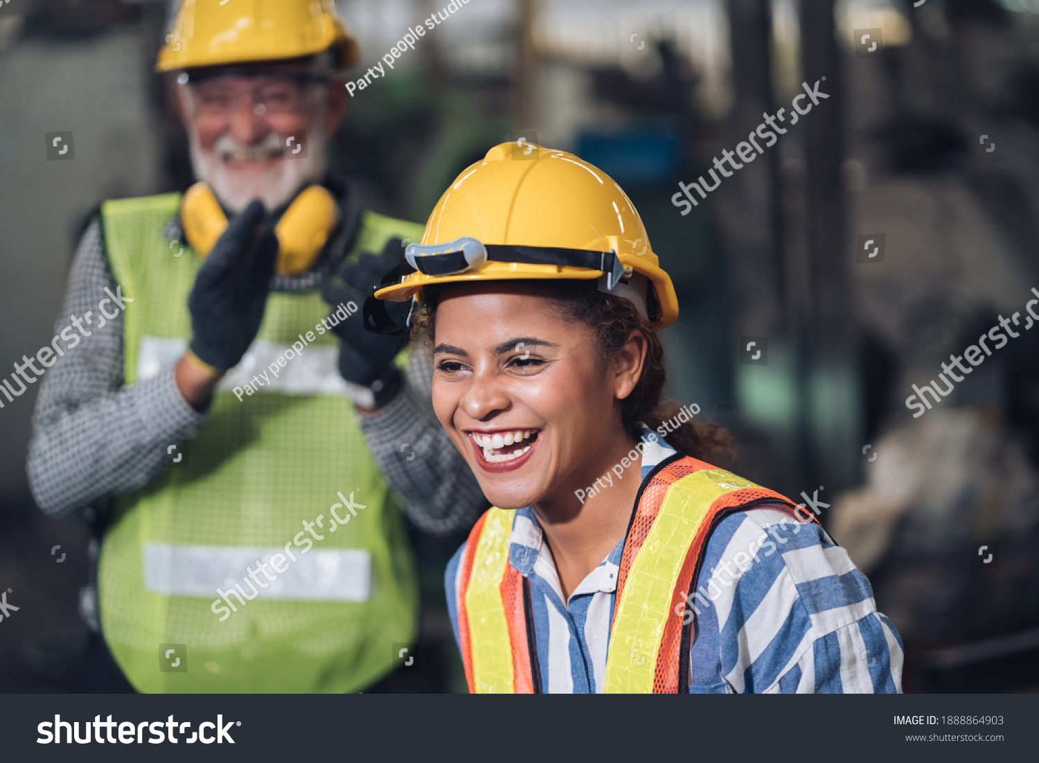 Employee worker construction, engineer industry team .Employee warehouse factory operators. women black worker happiness in factory and engineering team. #1888864903