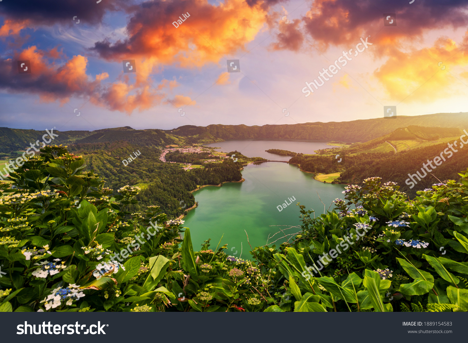 Beautiful view of Seven Cities Lake "Lagoa das Sete Cidades" from Vista do Rei viewpoint in São Miguel Island, Azores, Portugal. Lagoon of the Seven Cities, Sao Miguel island, Azores, Portugal. #1889154583