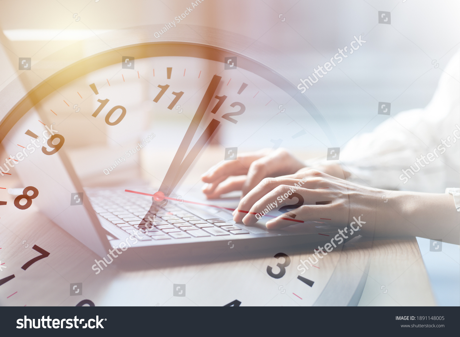 Business working times concept people work typing on laptop computer overlay with in time clock to lunch break #1891148005