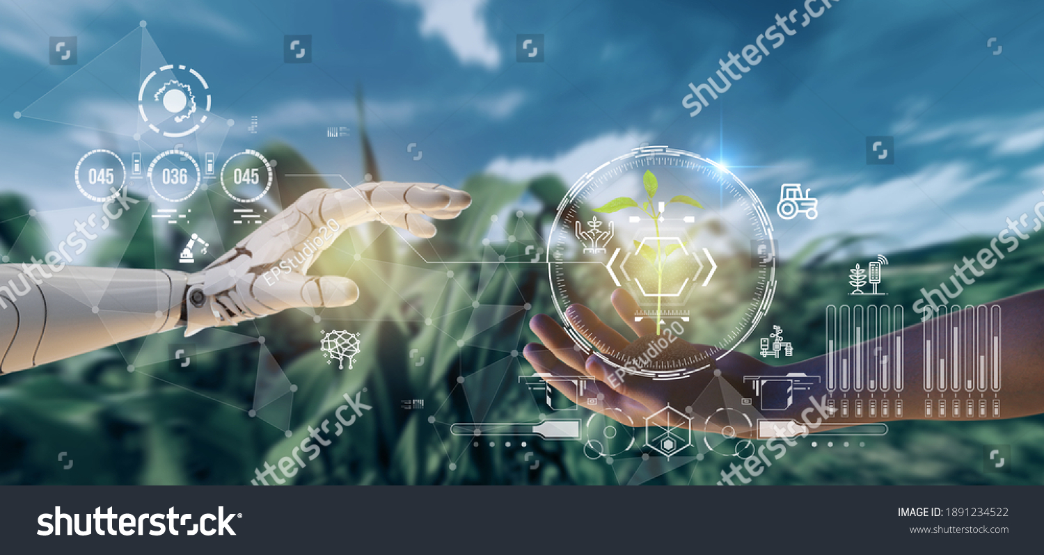 smart agriculture futuristic industry 4.0 technology concept, cyborg hand put to touch hand with green leaves with hud technology including artificial intelligence, 5g to analysis data of smart farm #1891234522