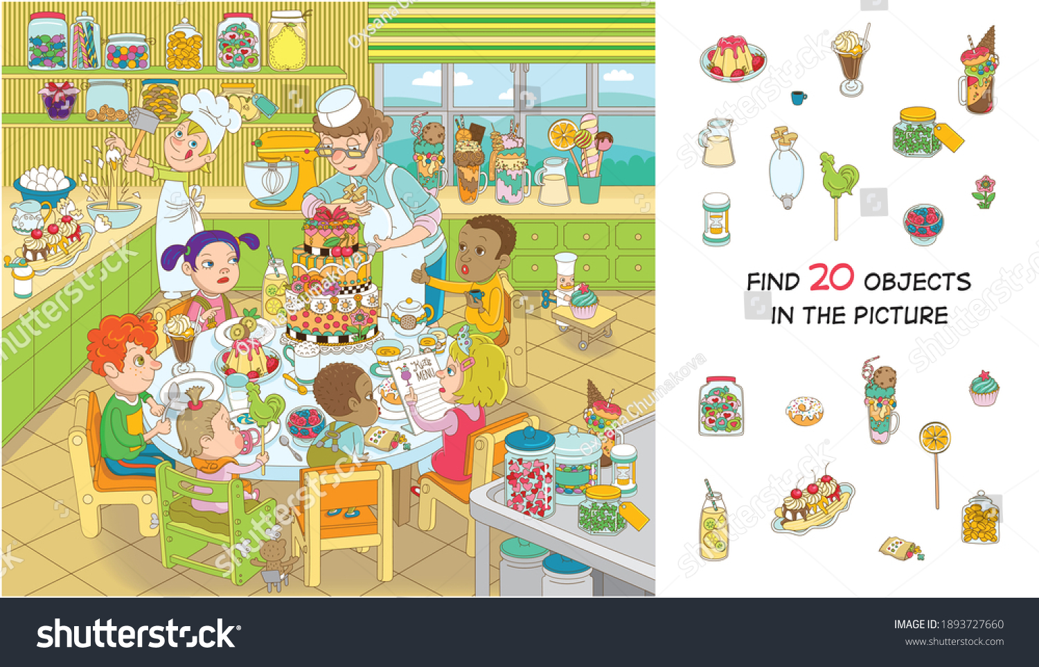Find 20 objects in the picture. Hidden objects puzzle. Children of different nationalities are celebrating their birthday. Funny cartoon character. #1893727660