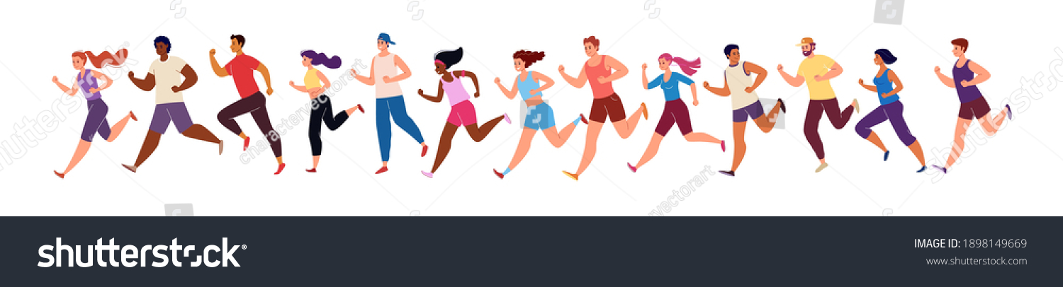 Marathon Race. Running Men and Women in Tracksuits. Colored Isolated Trendy Characters Sportsmen. Vector Flat Cartoon Illustration. #1898149669