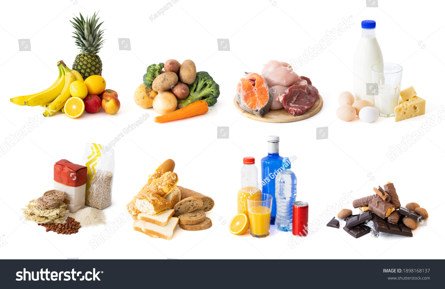 Different food and groceries items grouped by categories, isolated on white background #1898168137