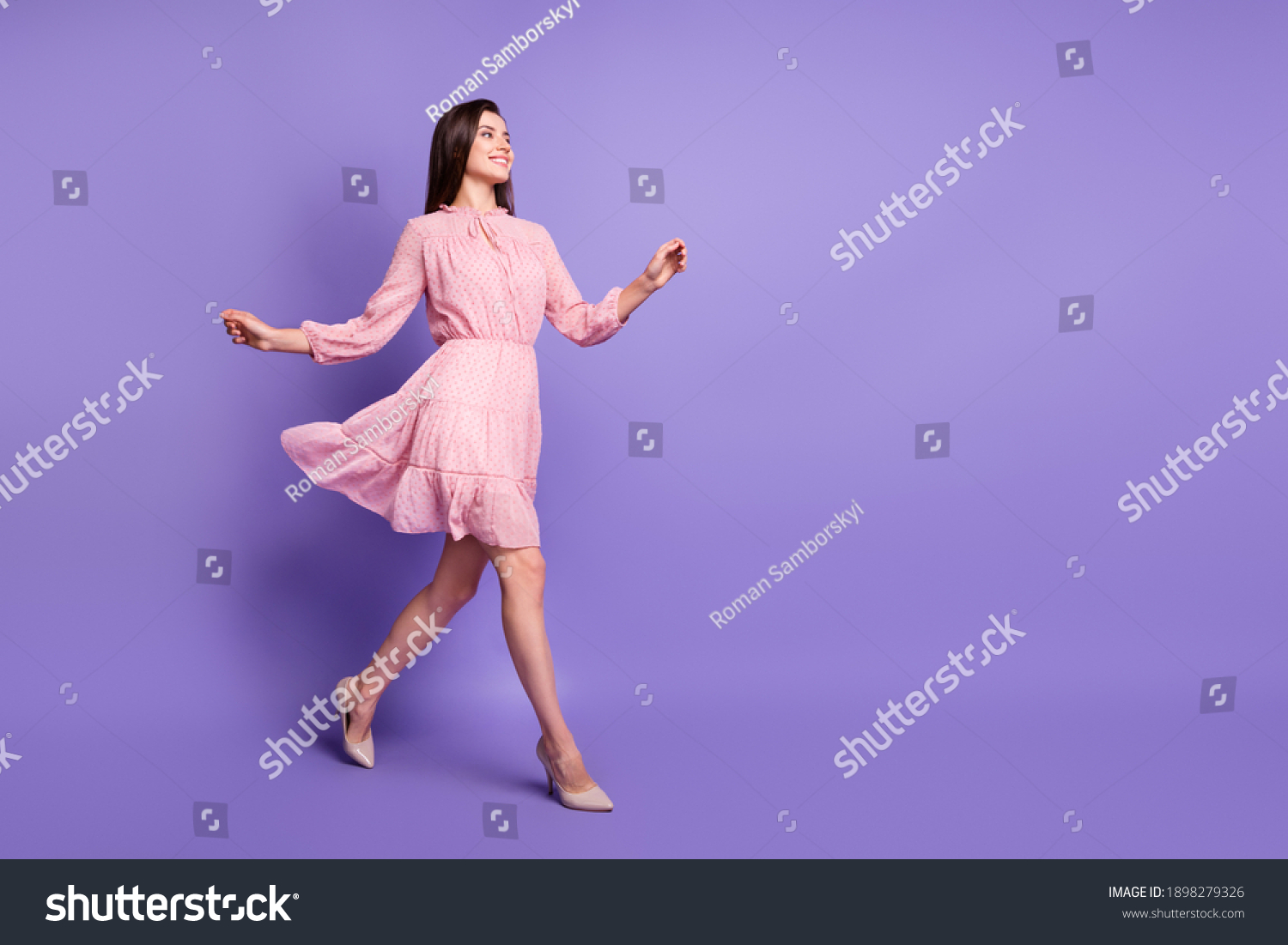 Full body profile photo of cheerful person walking wear retro stilettos isolated on purple color background #1898279326