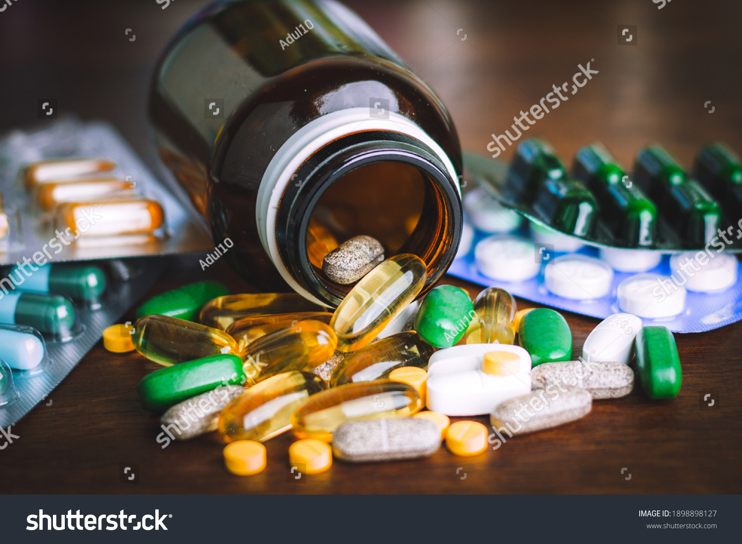 Drug prescription for treatment medication. Pharmaceutical medicament, cure in container for health. Pharmacy theme, capsule pills with medicine antibiotic in packages. #1898898127