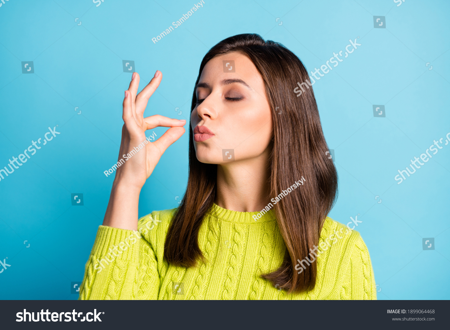 Photo of young attractive woman show gesture perfect tasty sign enjoy meal isolated over blue color background #1899064468