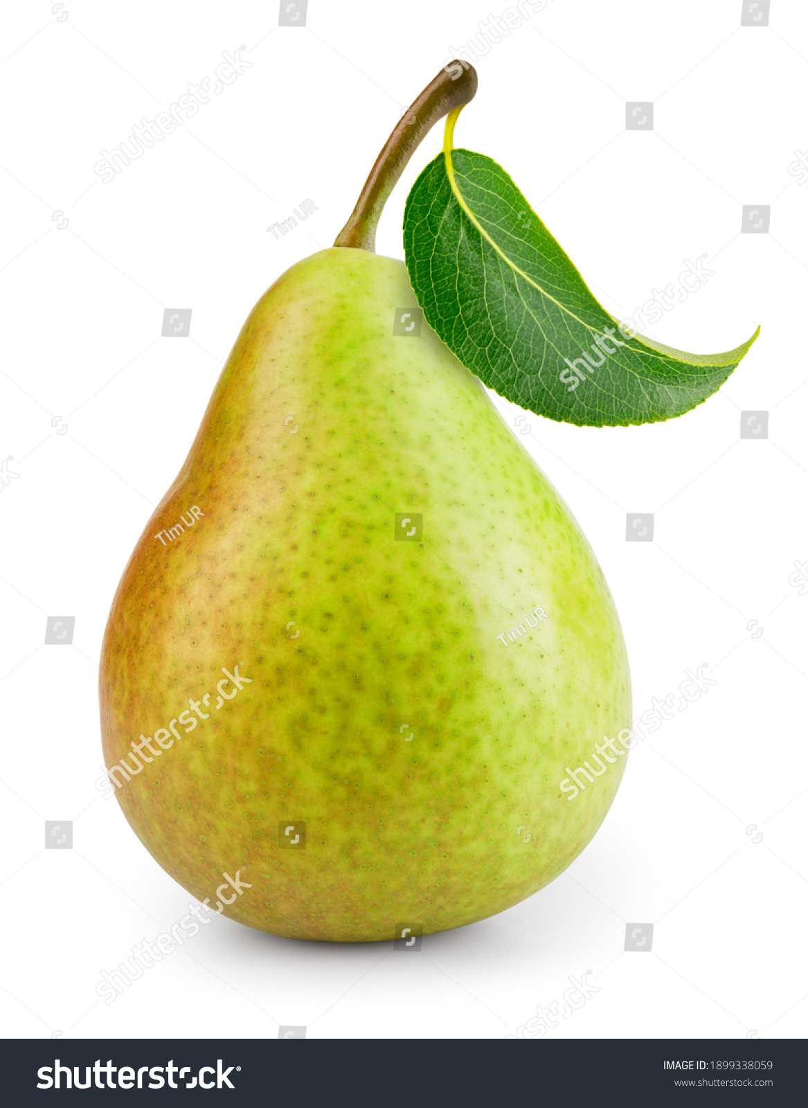 Pear isolated. One green pear fruit with leaf on white background. Green pear. With clipping path. Full depth of field.  #1899338059