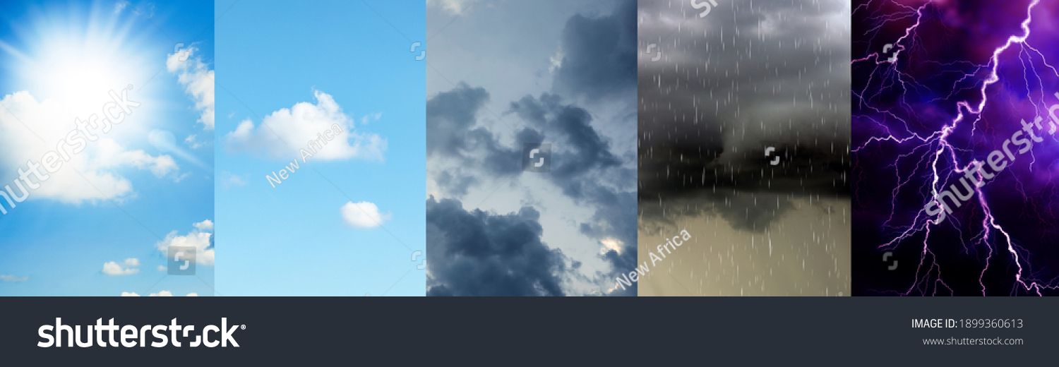 Photos of sky during different weather, collage. Banner design #1899360613