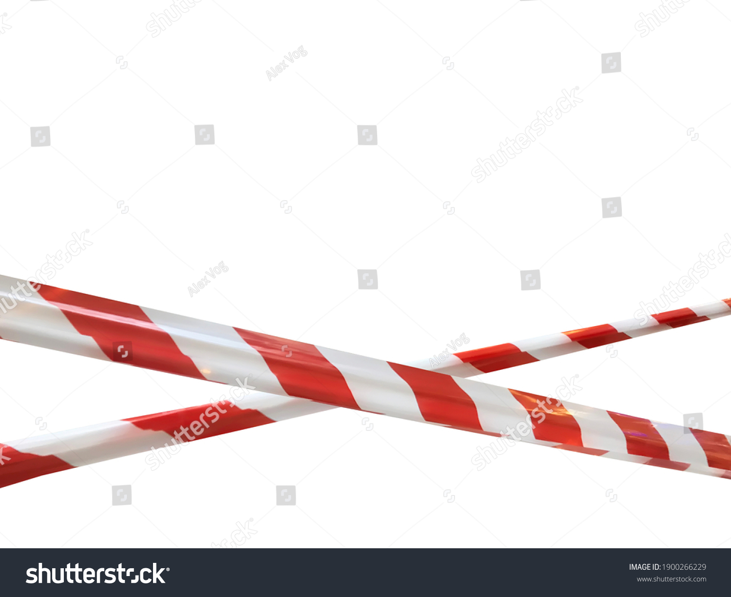 Red and white lines of barrier cross tape prohibit passage. Barrier tape on white isolate. Barrier that prohibits traffic. Danger unsafe area warning tape do not enter. Concept no entry. Copy space #1900266229