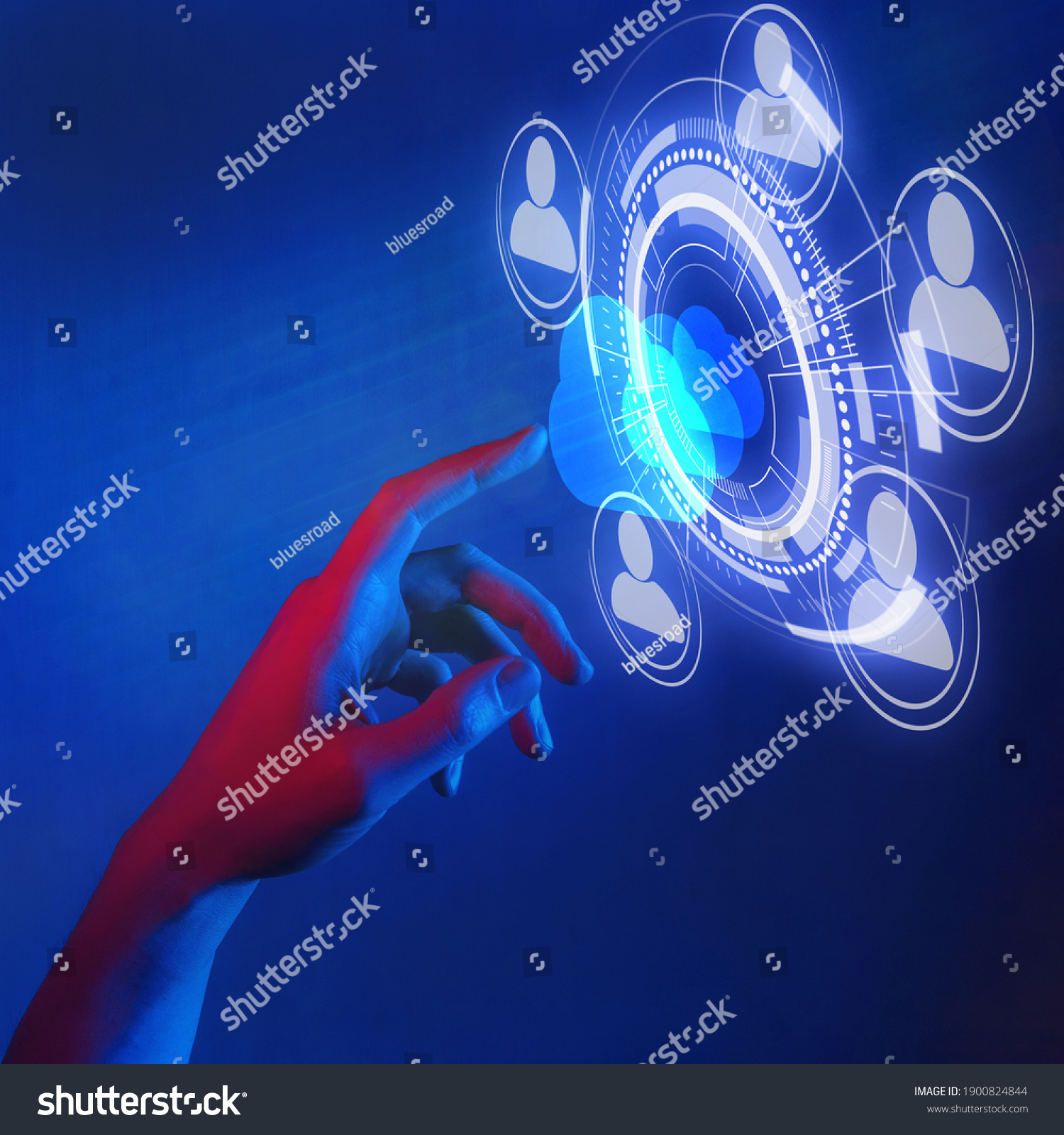 hand touching cloud symbol in neon lighting, business cloud storage network concept, networking communication, data provision and cloud computing services #1900824844