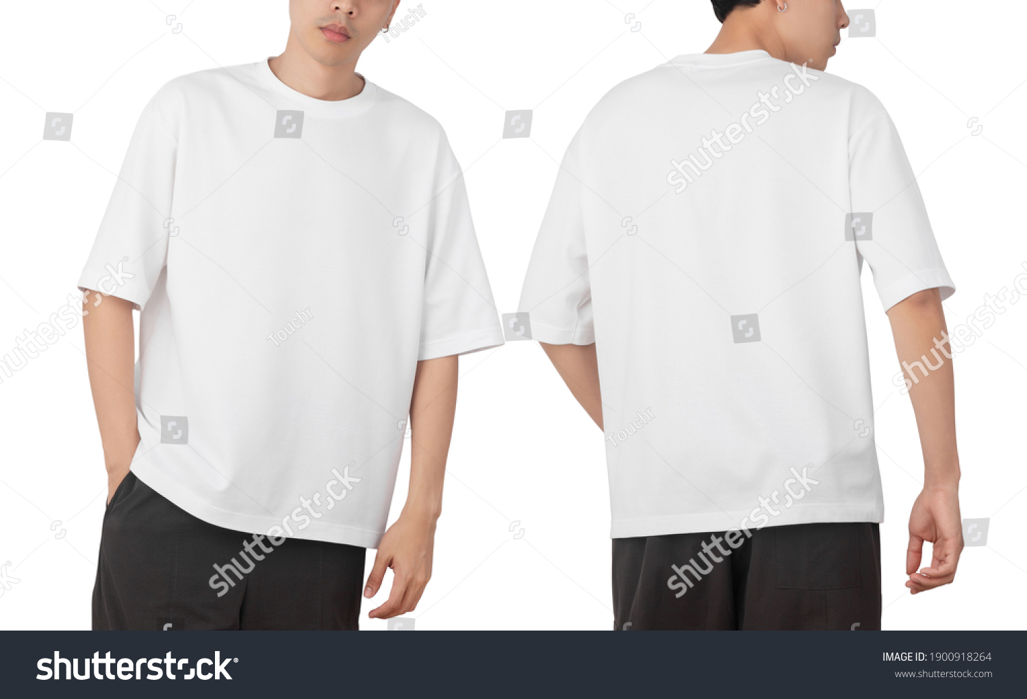 Young man in blank oversize t-shirt mockup front and back used as design template, isolated on white background with clipping path. #1900918264