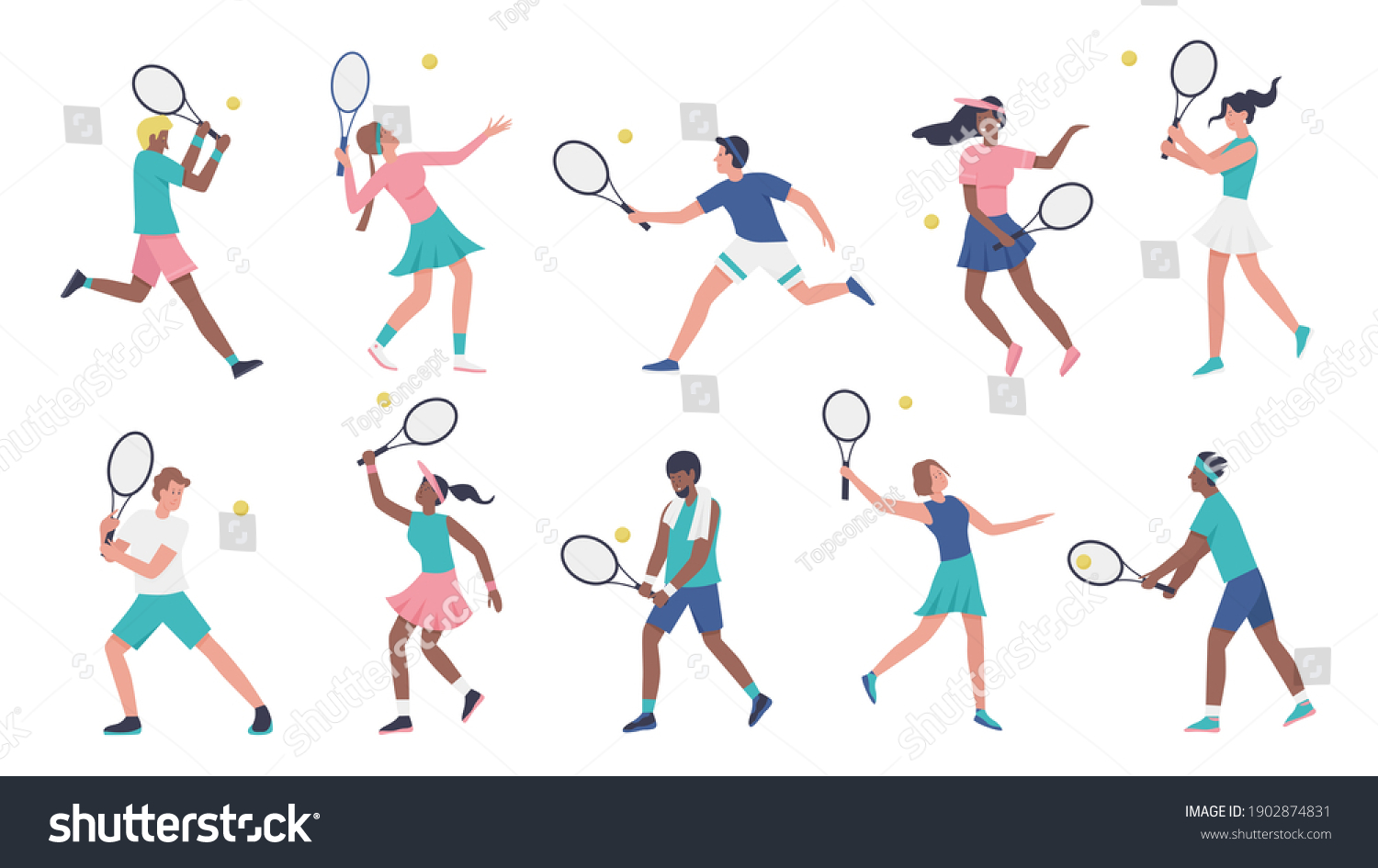 Workout playing tennis vector illustration set. Cartoon young woman man sportive characters in sportsman uniform play tennis, players holding rackets and hitting ball collection isolated on white #1902874831