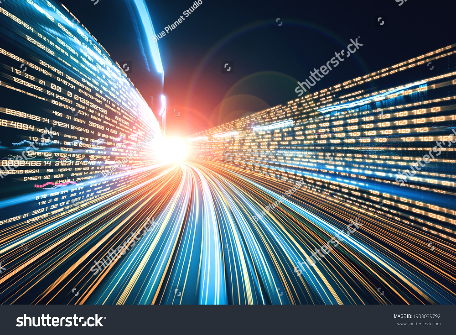 Digital data flow on road with motion blur to create vision of fast speed transfer . Concept of future digital transformation , disruptive innovation and agile business methodology . #1903039792