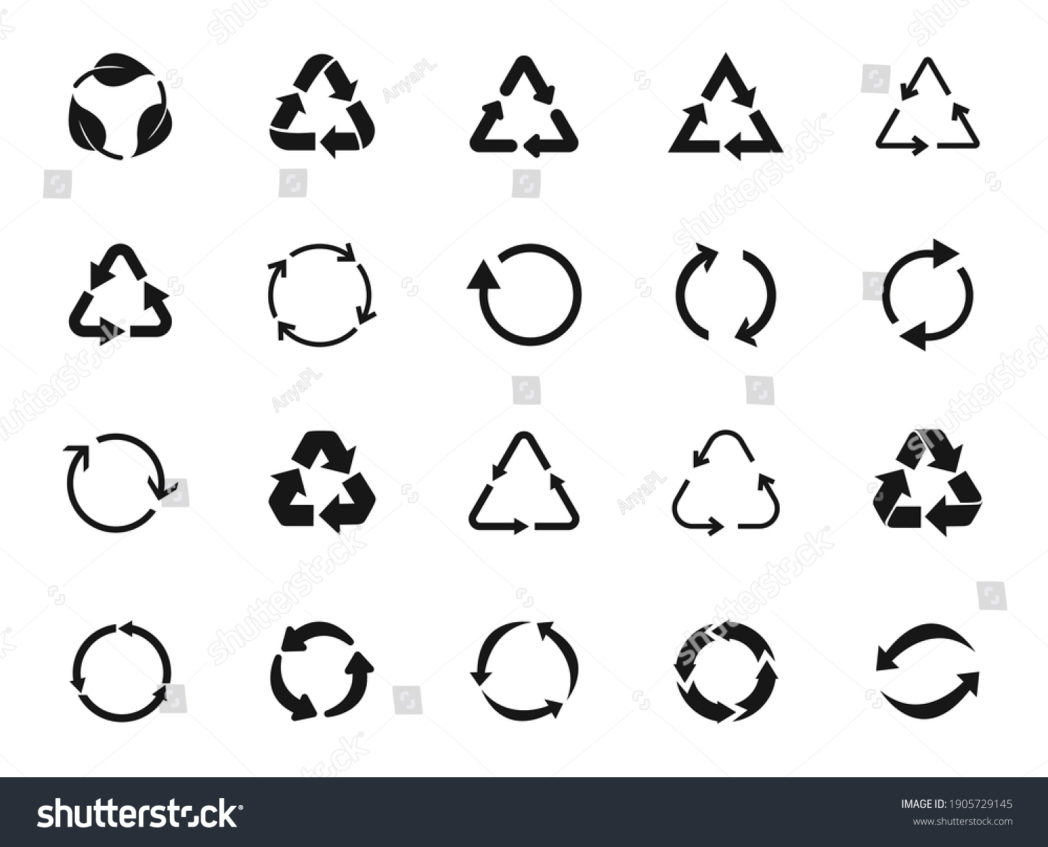 Set of recycle icon symbol vector. Recycling and rotation arrow icon pack. Ecology, cleanliness and recycling symbol. Black arrows recycle, means using recycled resources, recycling. Bio recycling. #1905729145