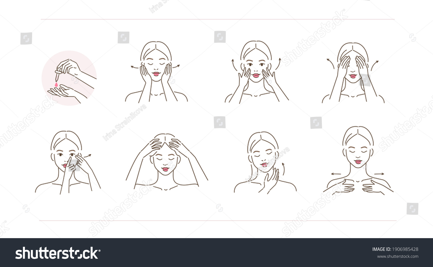 
Beauty Girl Take Care of her Face and Applying Cosmetic Serum Oil. Woman Making Facial Massage by Lines. Skin Care Routine, Hygiene and Moisturizing Concept. Flat Vector Illustration and Icons set.
 #1906985428