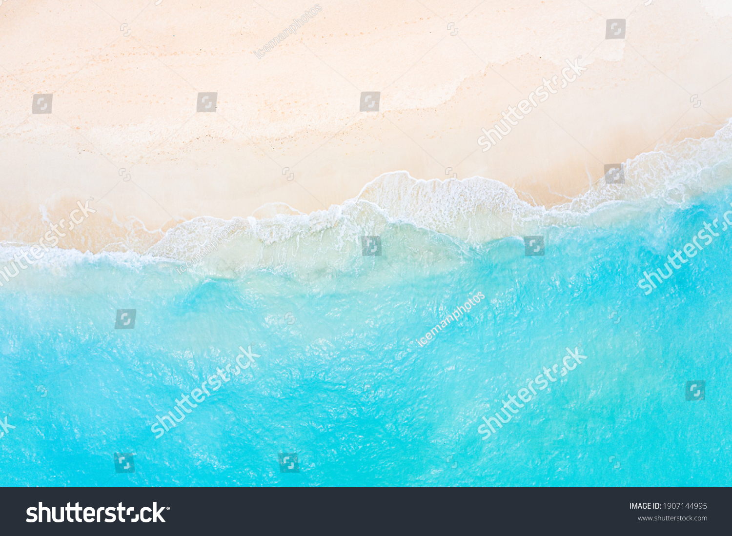 Relaxing aerial beach scene, summer vacation holiday template banner. Waves surf with amazing blue ocean lagoon, sea shore, coastline. Perfect aerial drone top view. Peaceful bright beach, seaside #1907144995