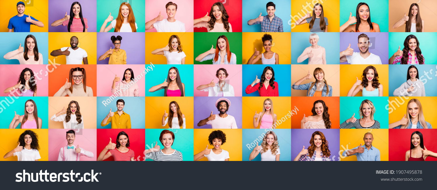 Multiple collage of positive modern multiethnic person different age raising thumb fingers express approve isolated colorful background #1907495878