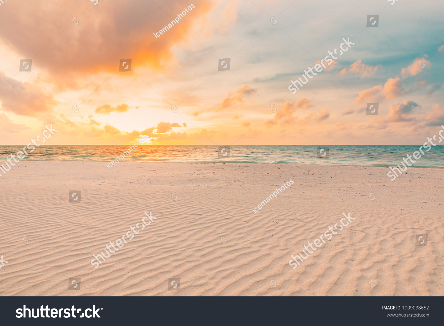 Closeup sea sand beach. Panoramic beach landscape. Inspire tropical beach seascape horizon. Orange and golden sunset sky calmness tranquil relaxing sunlight summer mood. Vacation travel holiday banner #1909038652