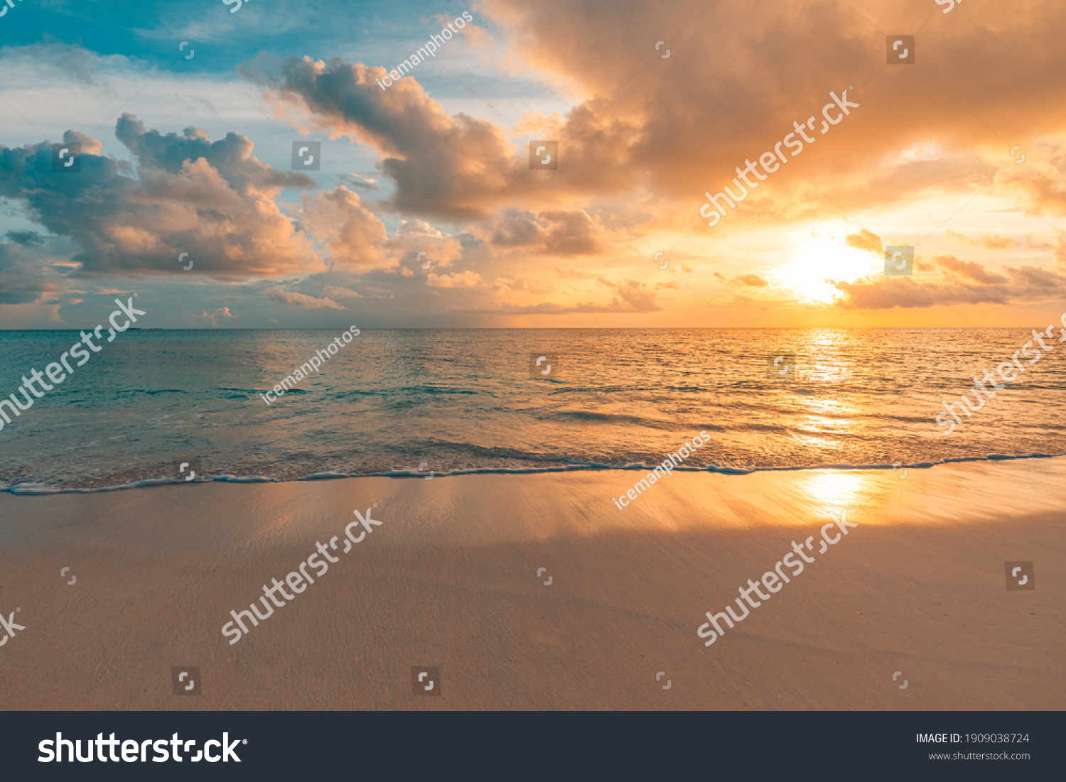 Closeup sea sand beach. Panoramic beach landscape. Inspire tropical beach seascape horizon. Orange and golden sunset sky calmness tranquil relaxing sunlight summer mood. Vacation travel holiday banner #1909038724