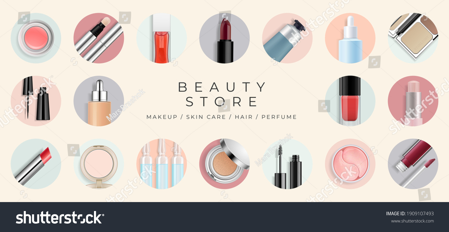 Beauty makeup banner template. Cosmetic products collection in circle frames in pastel colors. Advertising poster design for online store, blog, offers and promotion. Vector illustration. #1909107493