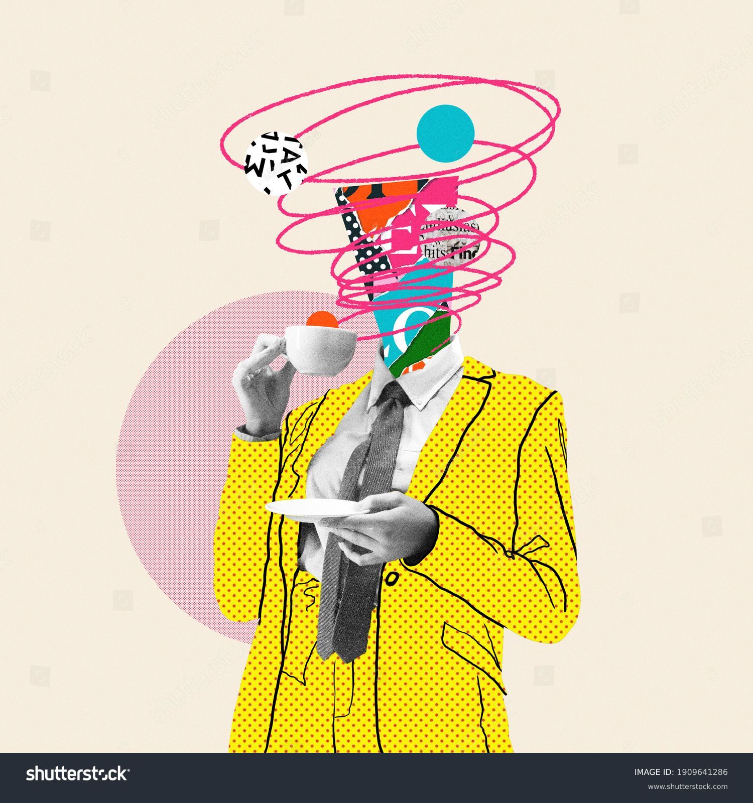Morning coffee makes things better. Comics styled yellow suit. Modern design, contemporary art collage. Inspiration, idea, trendy urban magazine style. Negative space to insert your text or ad. #1909641286