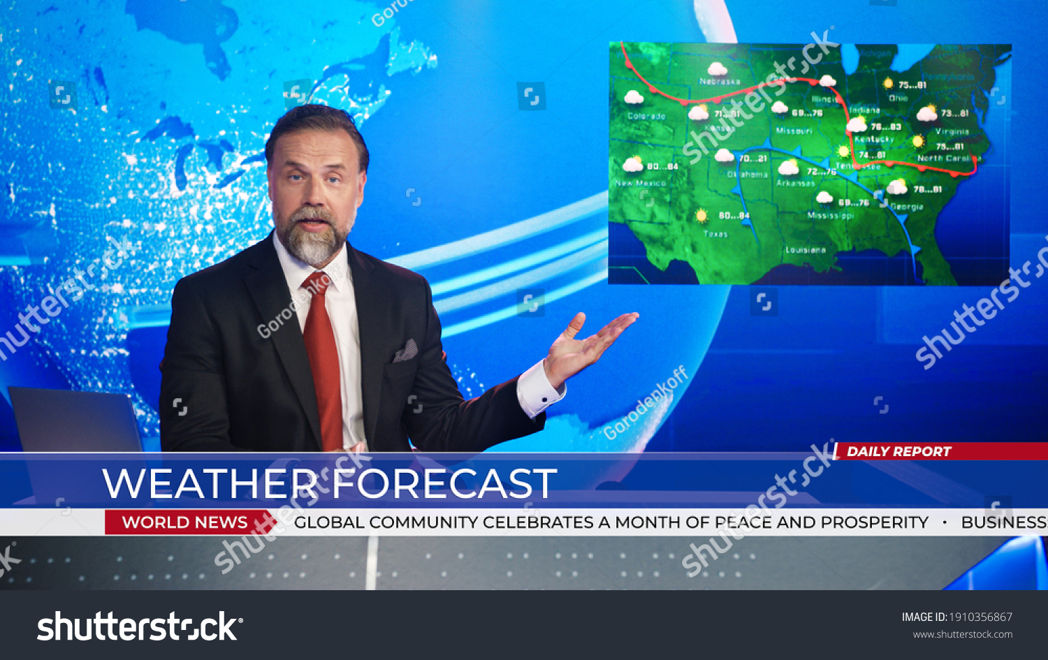 Live News Studio Professional Anchor Reporting on Weather Forecast. Weatherman, Meteorologist, Reporter in Television Channel Newsroom with Video Screen Showing Weather Synoptic Map Chart for U.S. #1910356867