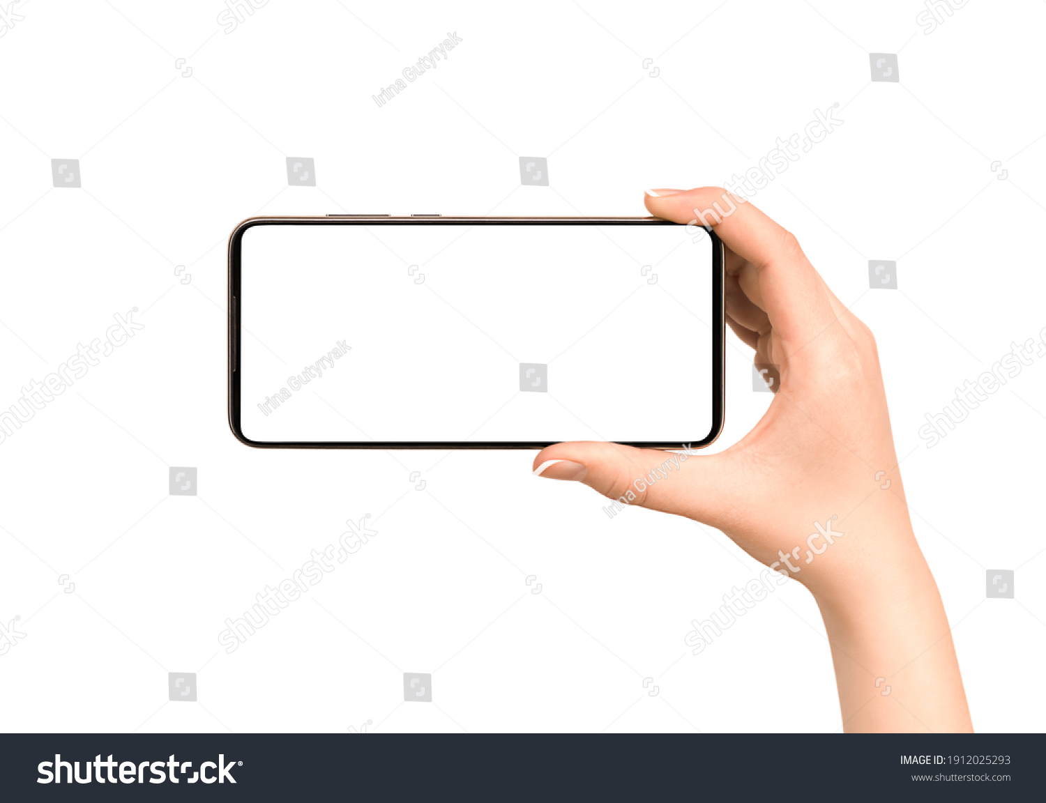 female hand holds a smart phone. front view on isolated white background #1912025293